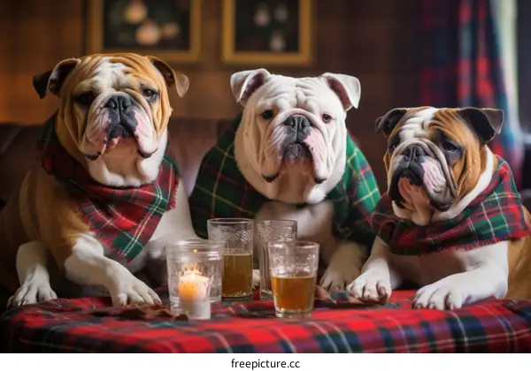 Three English bulldogs sitting at a table in a pub