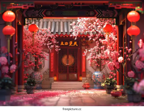 A Beautiful Chinese Courtyard Scene in Spring