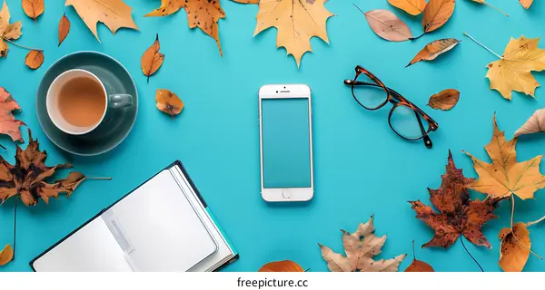 Autumn Flat Lay with Coffee, Phone, and Leaves