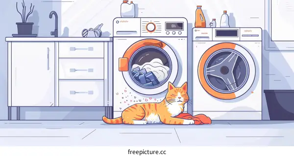 A ginger cat is sleeping in front of a washing machine.