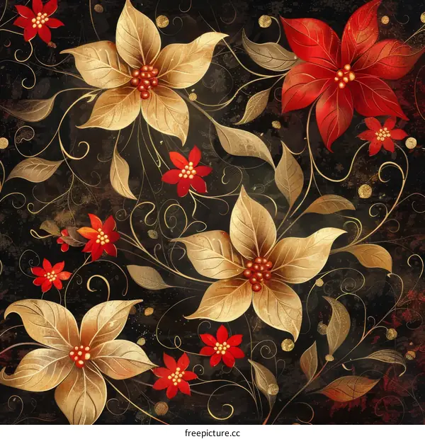 Gold and Red Floral Pattern with Black Background