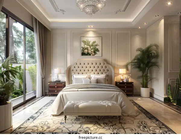 European Style Bedroom with Palm Trees and Modern Decor
