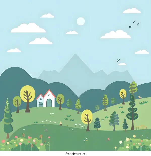Flat Illustration of a Green Meadow with a House