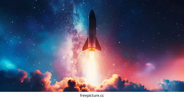 A rocket launches into space as stars twinkle in the background