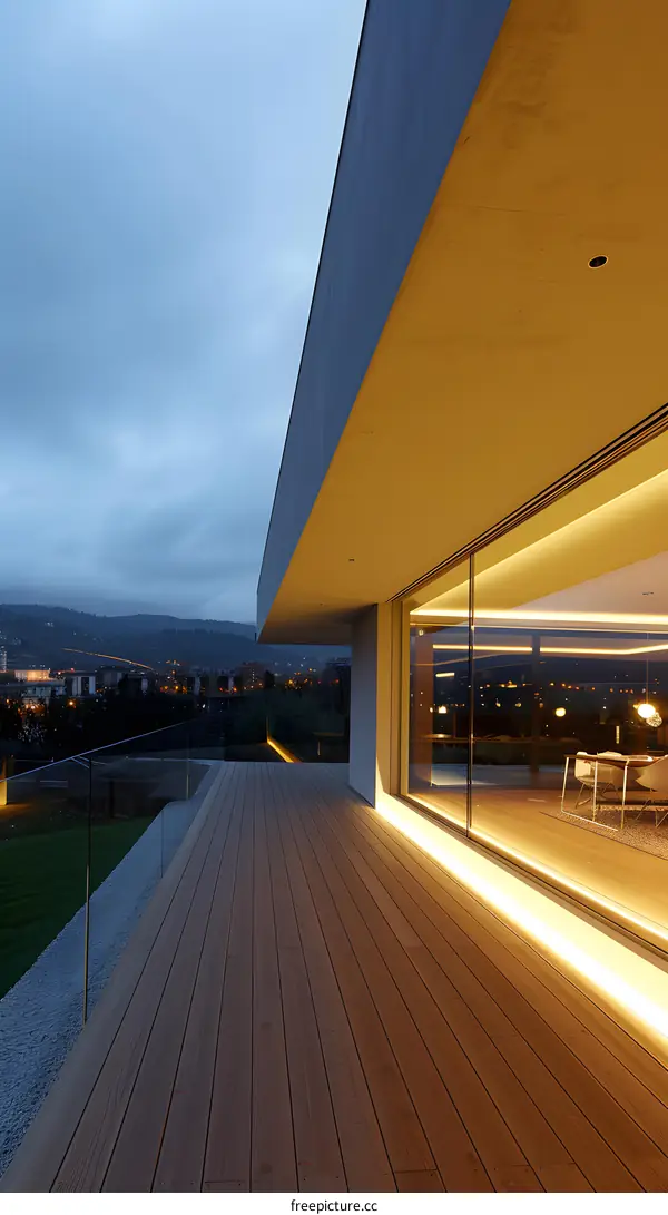 Modern Home with Wooden Deck and Glass Wall