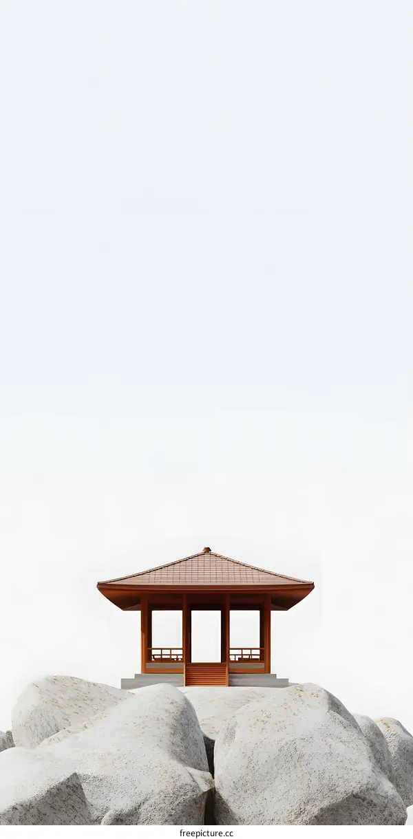Minimalist Wooden Pagoda on a Rock in White Background