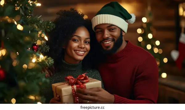 Christmas Celebration with Couple Holding Gift