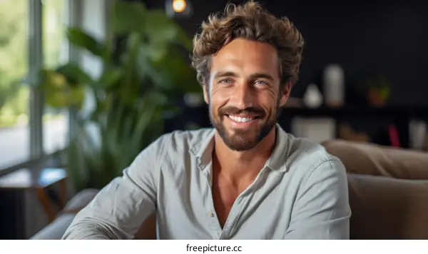 Portrait of a Confident Smiling Man with Curly Hair and Beard