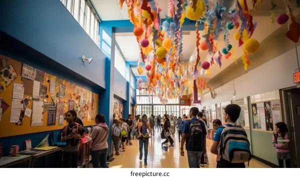 Students walking in a colorful hallway