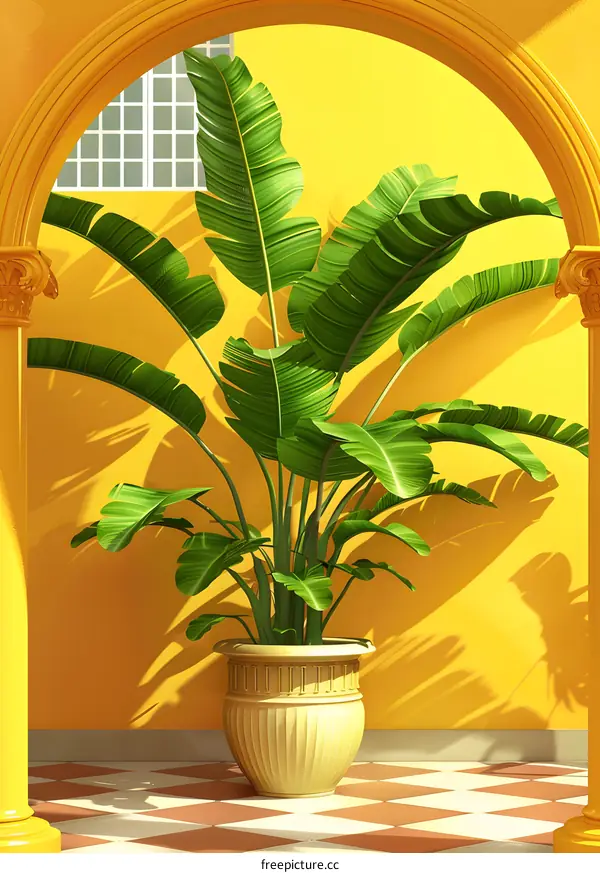 Green Banana Plant Potted in Yellow Room With Archway
