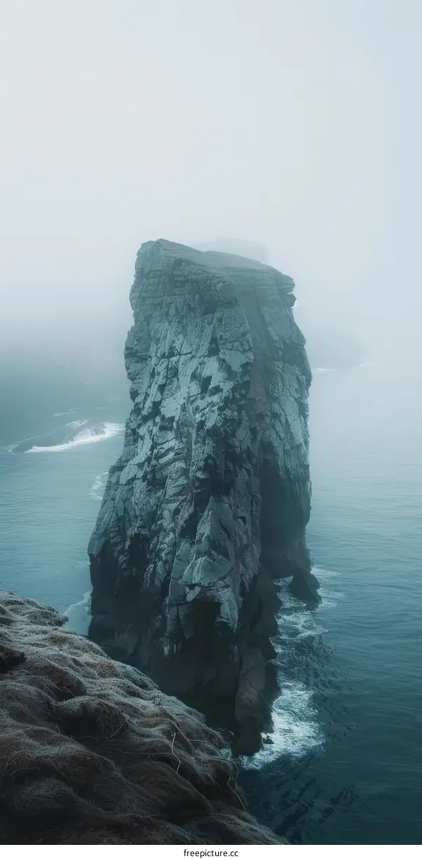 A large rock formation juts out of the ocean