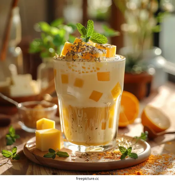 A glass of orange juice with cheese cubes and mint