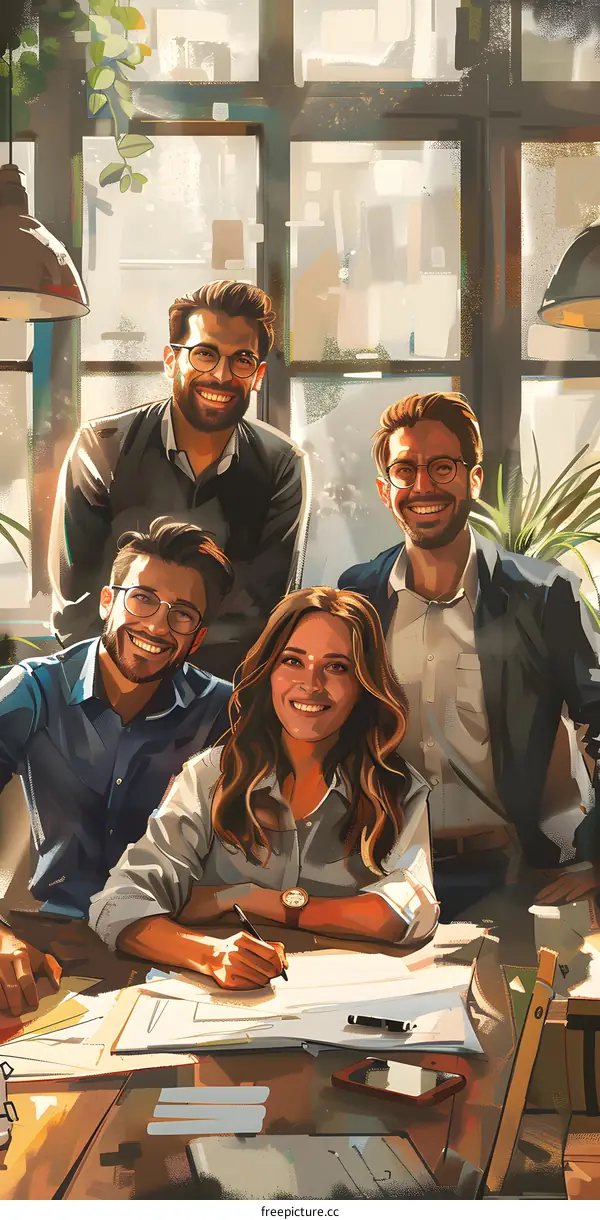 Four smiling business people in a meeting
