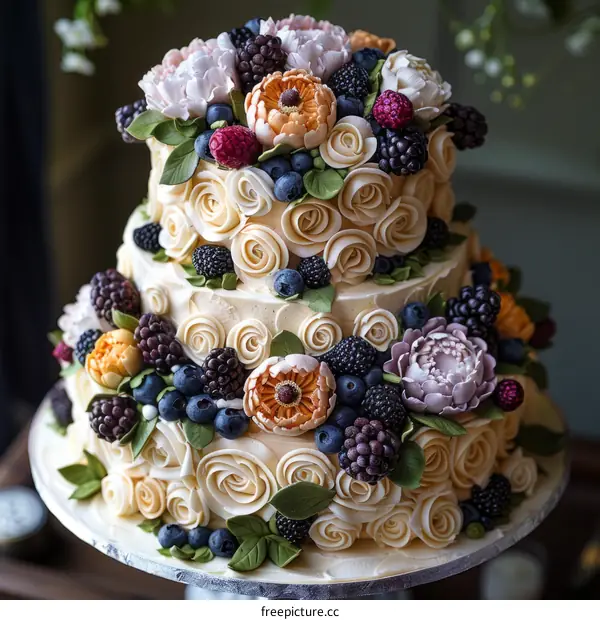 Elegant Two-Tier Wedding Cake with Rose and Berry Decor