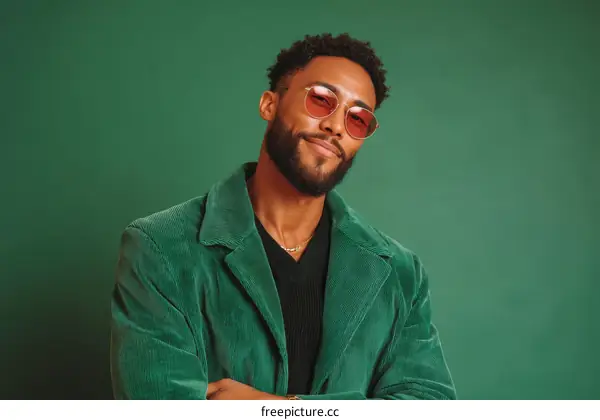 Stylish African American Man in a Green Corduroy Jacket