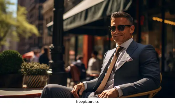 Confident Businessman in Suit and Sunglasses Sitting at Outdoor Cafe