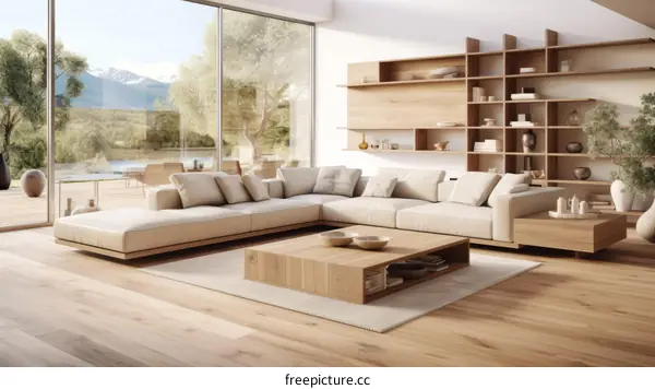 Bright modern living room interior with large windows and wooden furniture