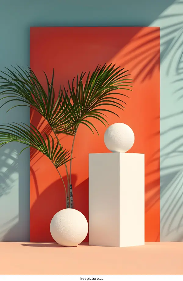 3d rendering of a palm tree and a sphere on a podium with shadows