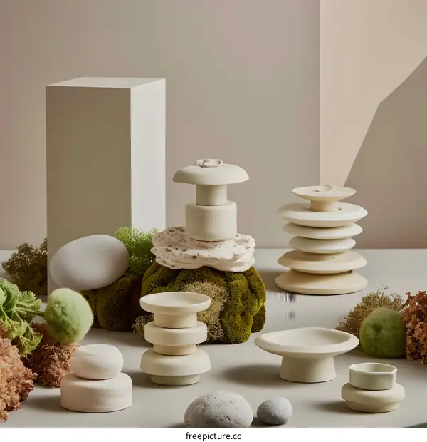 White Ceramic Objects on Moss and Stone
