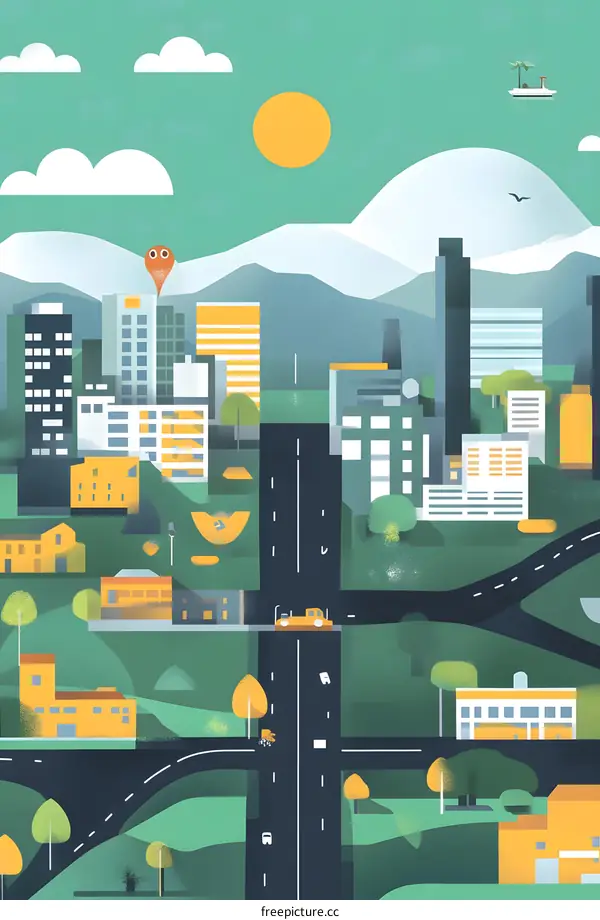 Abstract Cityscape Illustration With Yellow Buildings And Green Trees