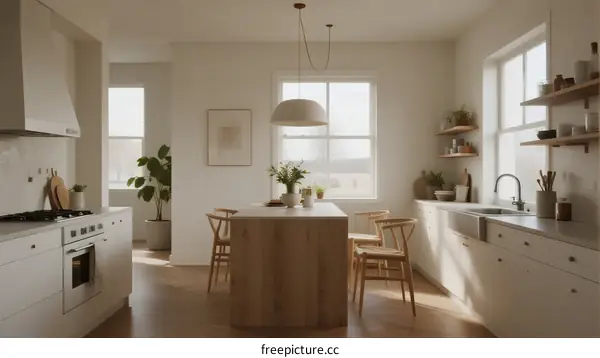Modern Minimalist Kitchen with Wooden Island and Natural Light
