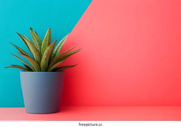 Green Plant in Pot Against a Blue and Pink Background