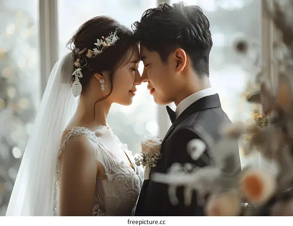 A newlywed couple standing in front of a window, gazing into each others eyes