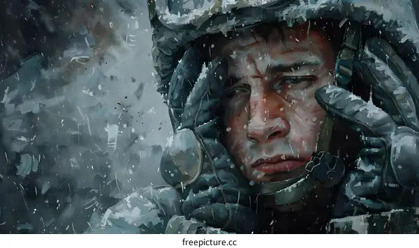 A soldier looks out from the snowy battlefield with a pained expression on his face