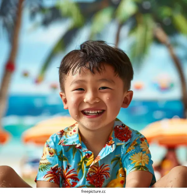 Portrait of a happy Asian boy at the beach