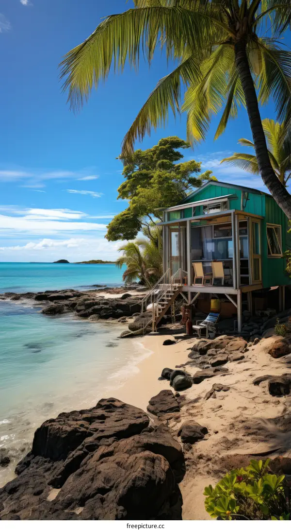 Beachfront house with palm trees and turquoise water