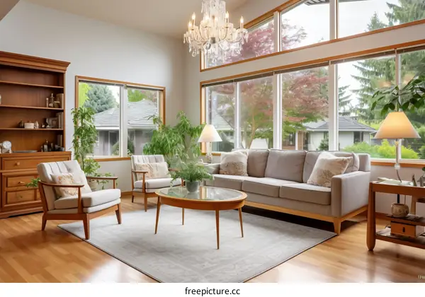 Elegant living room interior design with large windows and hardwood floors