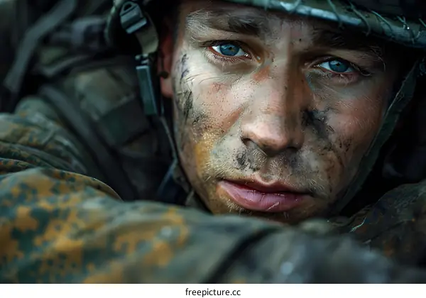 Portrait of a soldier with blue eyes