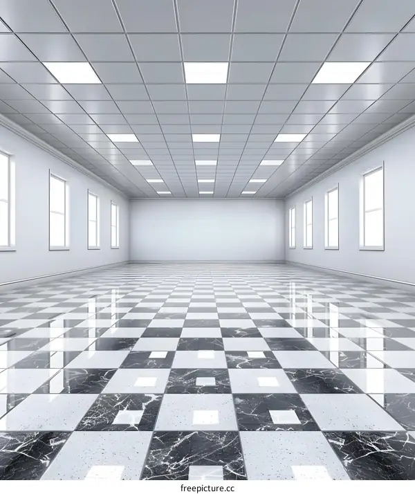 Empty White Room With Checkered Marble Floor
