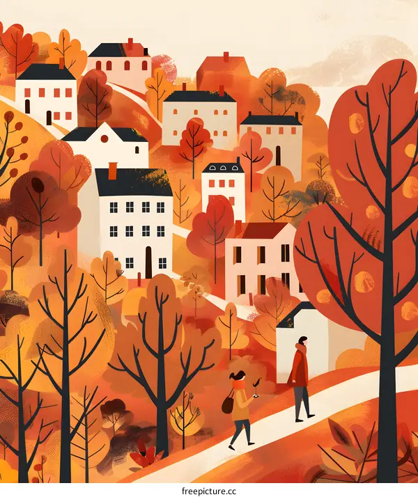 Autumn Landscape With Couple Walking Through Village