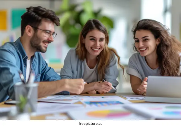 Three young business professionals having a meeting in an office and smiling