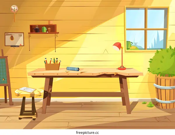 Cartoon Illustration of an Empty Room with a Wooden Desk and a Window