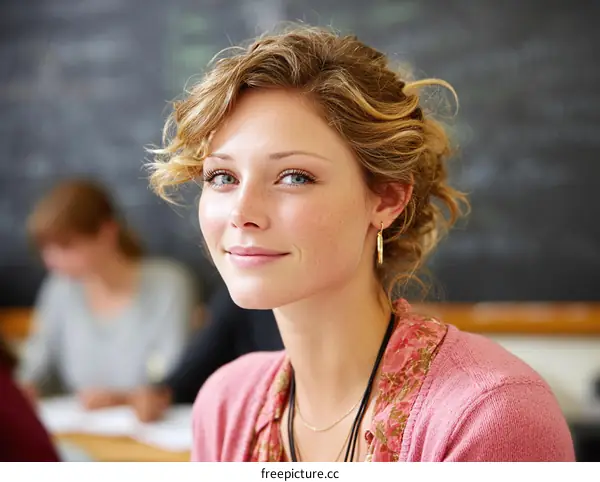 Caucasian Woman Teacher Portrait in Classroom