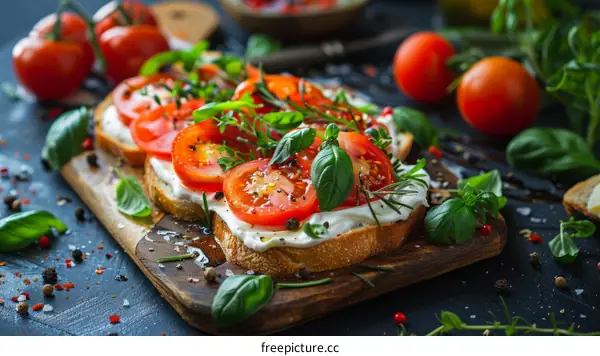 Bruschetta with fresh tomatoes, basil, cream cheese and spices