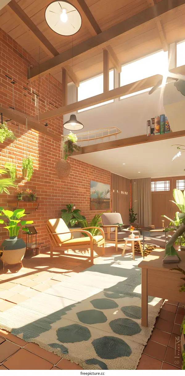 Modern Living Room With Brick Wall And Natural Light