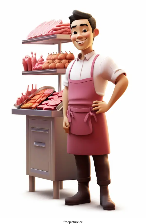 Cheerful butcher standing next to a meat display case
