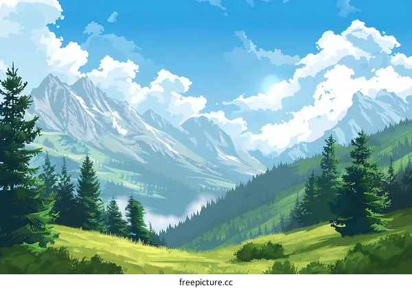 Mountain Landscape Illustration With Pine Trees And Cloudy Sky