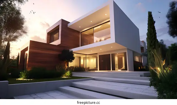 Modern House with Wooden Facade and Large Windows