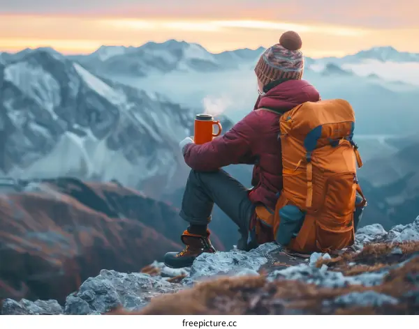 A woman sits on a rock enjoying the view of snow-capped mountains
