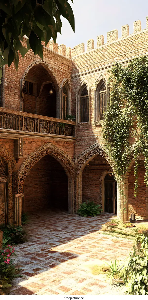 Medieval Courtyard Architecture With Ivy