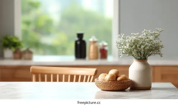 Cozy Kitchen Table Setting with Flowers and Bread