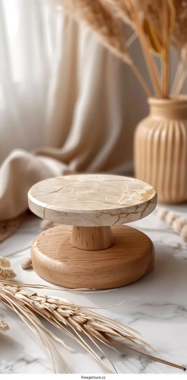 Beige Marble and Wooden Stand On White Table