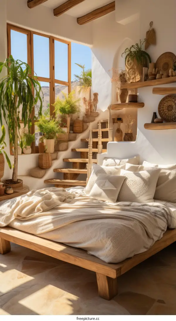 A bedroom with a bed, a window, and a staircase