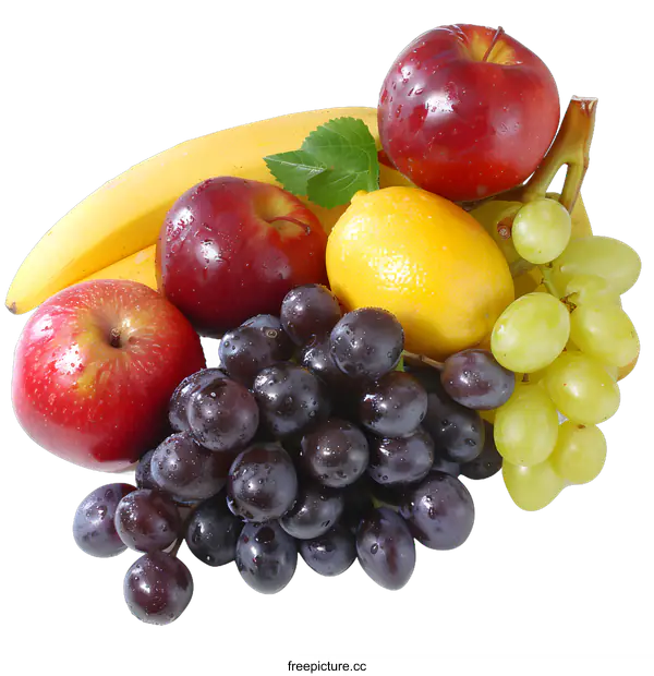 [Transparent Background PNG]Fresh Fruit Mix, Including Apples, Bananas, Grapes, and Lemons