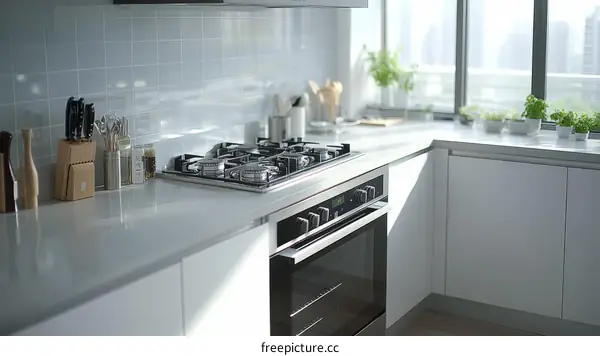 Modern White Kitchen with Gas Stove and Oven