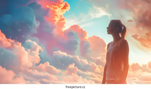 Woman Silhouette Standing In Front Of A Cloudy Sky